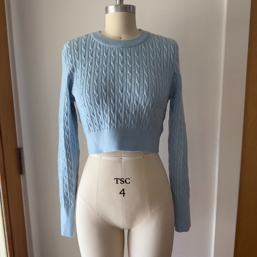 LPA Cable Knit Cropped Long Sleeve Crewneck Wool Blend Sweater-Baby Blue-Sz XS